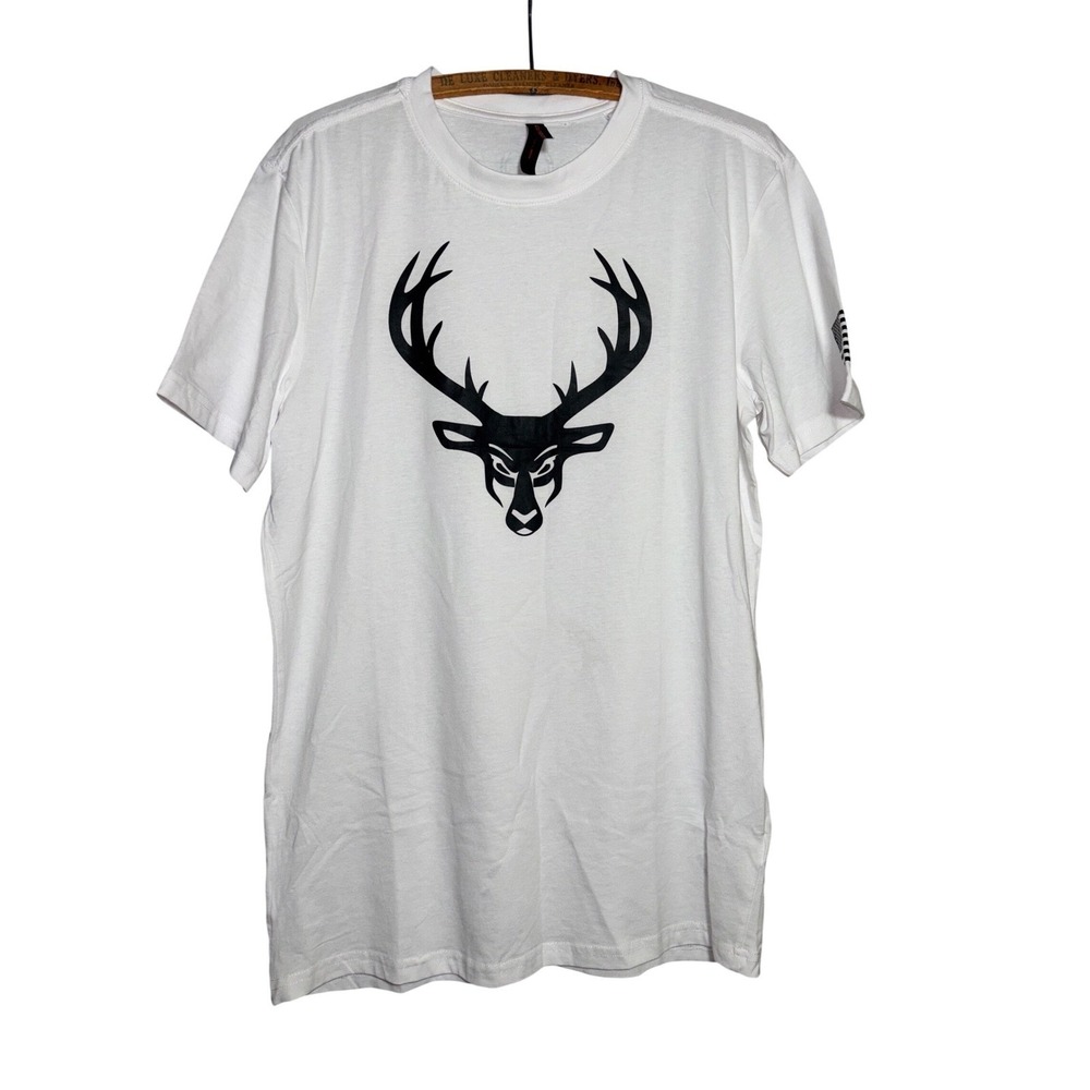 Bucked Up Mens L Graphic T-Shirt Deer Logo American Flag Sleeve Gorpcore Hunting